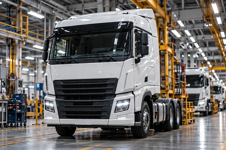 White commercial trucks on a plant floor