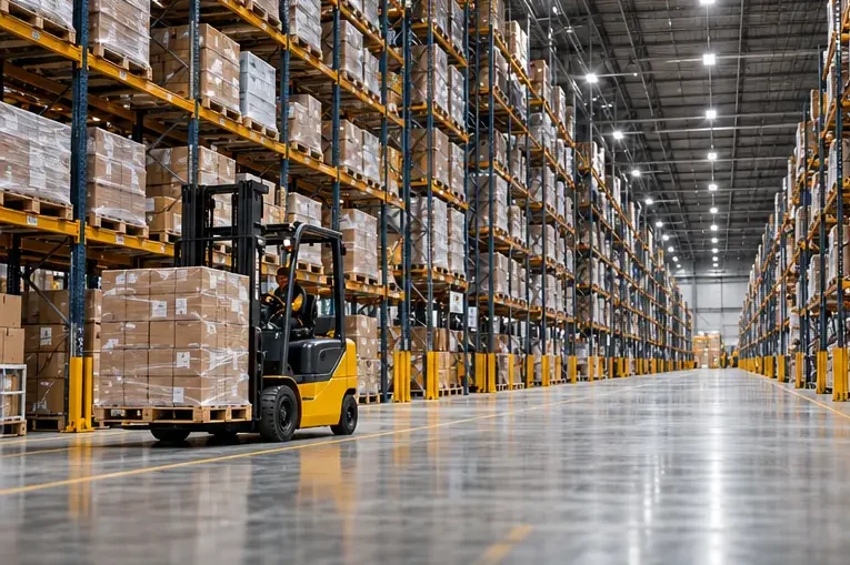 A long warehouse aisle of racked pallets with a forklift
